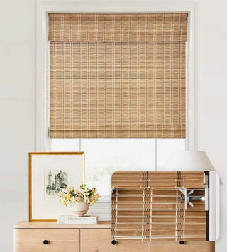 Natural Bamboo Cordless Roman Shade Window Blind with No-Drill Brackets