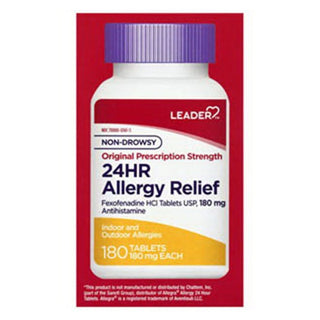 2 Pack Leader 24HR Allergy Relief 180 Tablets 180mg Fexofenadine Non-Drowsy