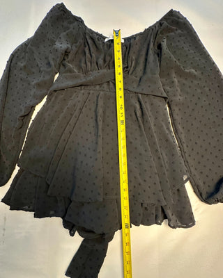 Altar’d State Black Swiss Dot Romper M Long Sleeve Tie Waist Boho Ruffle Shorts