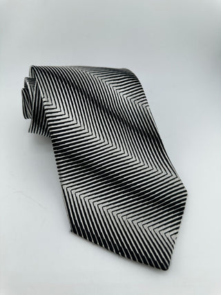 Solitaire Black White Geometric Stripe Silk Tie Vintage Mens Necktie