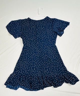 Navy Blue Polka Dot Wrap Dress with Ruffle Hem, Size Medium