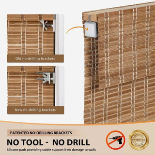 Natural Bamboo Cordless Roman Shade Window Blind with No-Drill Brackets