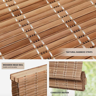 Natural Bamboo Cordless Roman Shade Window Blind with No-Drill Brackets