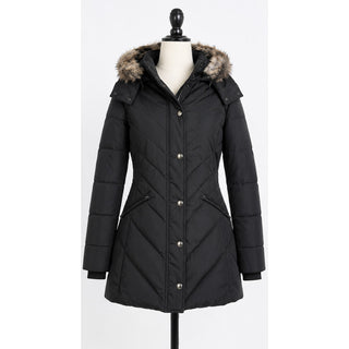 London Fog Womens Small Black Down Puffer Coat Faux Fur Hood Winter Jacket