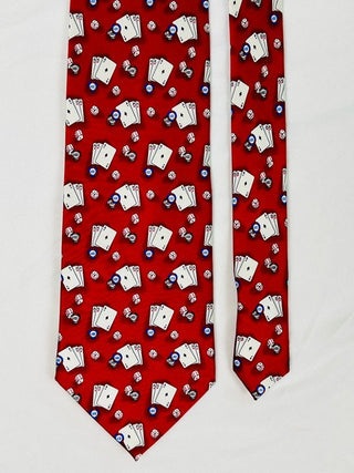 Tango Red Silk Tie with Playing Cards, Dice, and Poker Chips Pattern