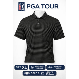 PGA TOUR Black & White Striped Performance Polo Shirt - Size XL
