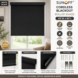 SUNOFF Cordless Blackout Roller Shade Blind 48" W x 80" L – Matte Black
