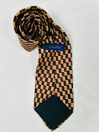 Oscar de la Renta 100% Silk Tie Burgundy Geometric Check Designer 57”