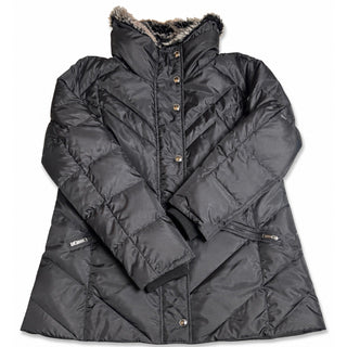London Fog Womens L Black Down Puffer Coat Faux Fur Collar