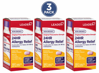 3 Pack Leader 24HR Allergy Relief 180 Tablets 180mg Fexofenadine Non-Drowsy