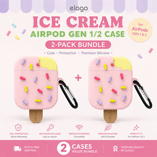 2-Pack elago Ice Cream AirPods Case Gen 1 2 Cover Shockproof Silicone w Keychain