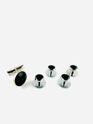 Vintage Pioneer Black Onyx Single Cufflink + 4 Studs Silver Tone Set