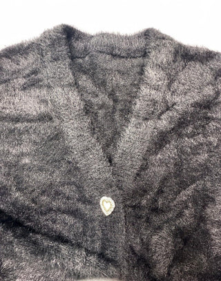 Yesfashion Black Fuzzy Heart Button Cardigan Women’s L