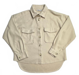 Women's Cream Fleece Shirt Jacket with Button Front and Flap