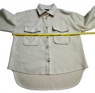 Women's Cream Fleece Shirt Jacket with Button Front and Flap