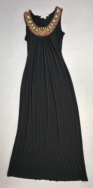 Boston Proper Black Beaded Neckline Maxi Dress XS Boho